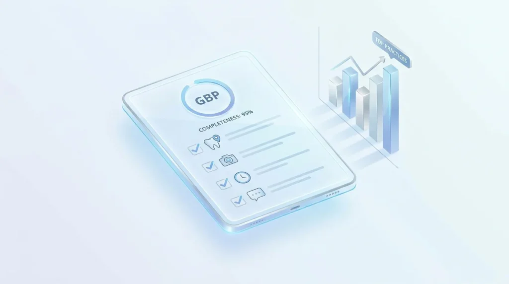 Dental GBP completeness benchmark framework showing eight profile fields from categories to hours with top-ranking and median practice scores
