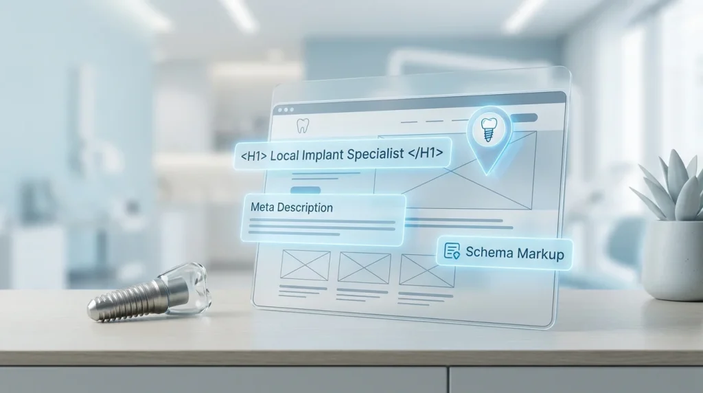 Dental implants website local SEO on-page framework showing title tag formulas, schema extensions, and All-on-4 page architecture
