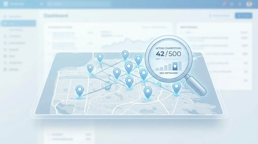 Dental local SEO competitive landscape three-layer model showing present-but-not-competing, partially optimized, and actively competing practice tiers with competitive density ranges by US market size