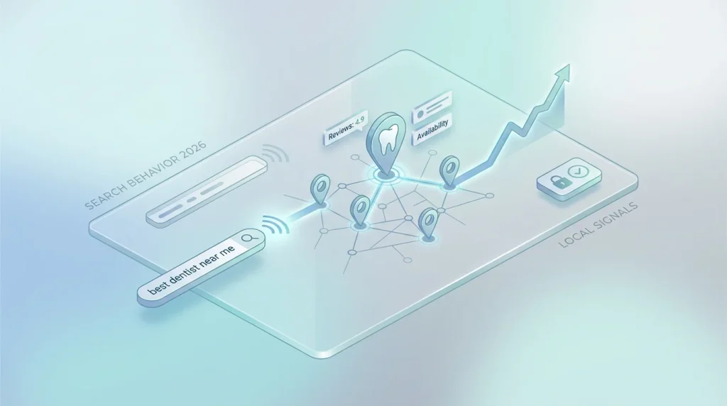 Dental patient search behavior framework showing three patient intent patterns: urgency, planning, and referral validation, with GBP evaluation stages and conversion signals for each patient type