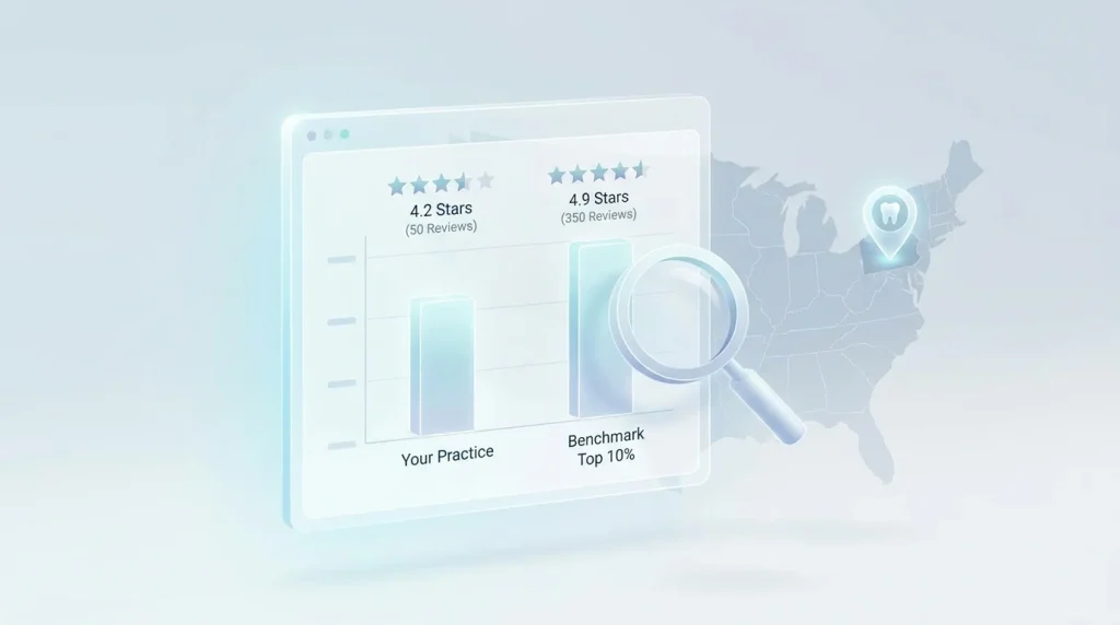 Dental practice review benchmark framework showing three-dimensional model of volume, recency, and rating distribution across small, mid-sized, and major US markets (124 characters)