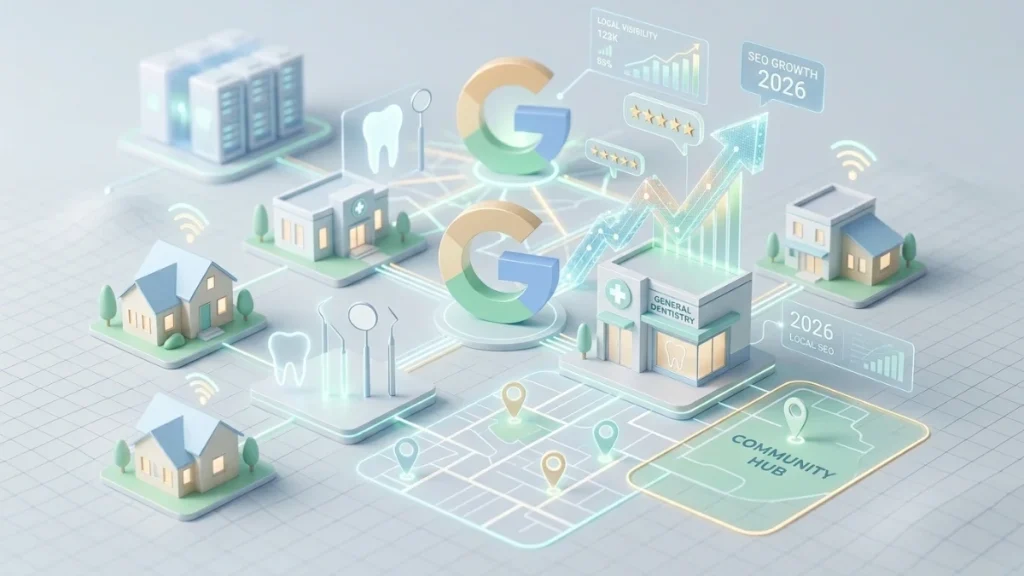 General dentistry local SEO ranking framework showing GBP, website, citations, and reviews as four interconnected signal layers