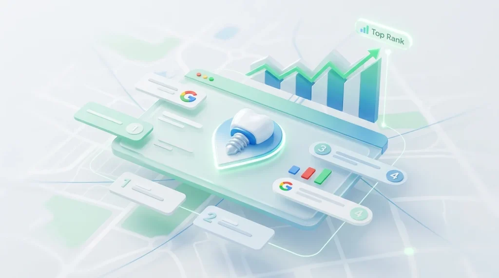 Google Business Profile optimization guide for dental implant practices showing category selection, services list, and photo strategy.