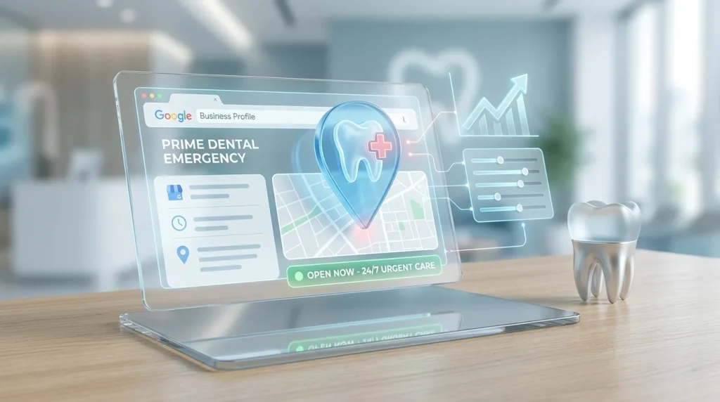 Google Business Profile optimization guide for emergency dentists showing hours configuration, emergency category, and services list entries
