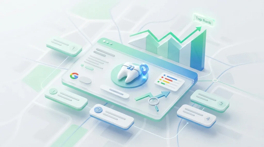 Google Business Profile optimization guide for orthodontists showing category selection, services list, and photo strategy