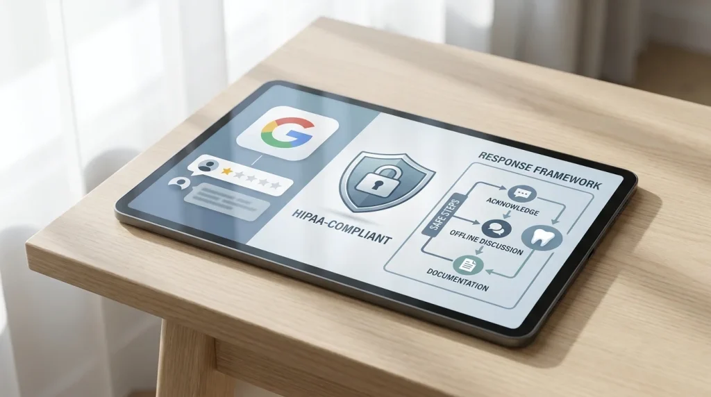Respond to negative Google reviews dental HIPAA: three-sentence framework, five scenario templates, and PHI constraint guide for US dental practices
