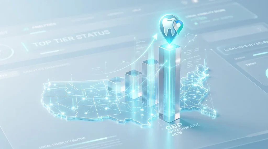 Dental GBP benchmark report framework showing five benchmark dimensions: completeness, reviews, market size, specialty, and ranking factors with signal category weights and multi-market comparison data