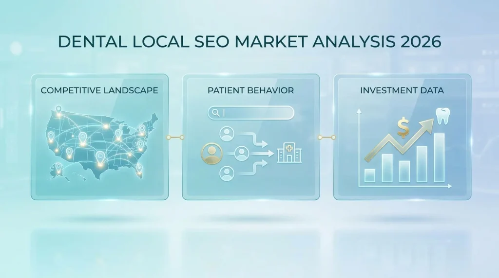 Dental local SEO market analysis framework showing five intelligence dimensions — competitive landscape, patient behavior, investment ROI, AI search, and market trends — with strategic implications for US dental practices