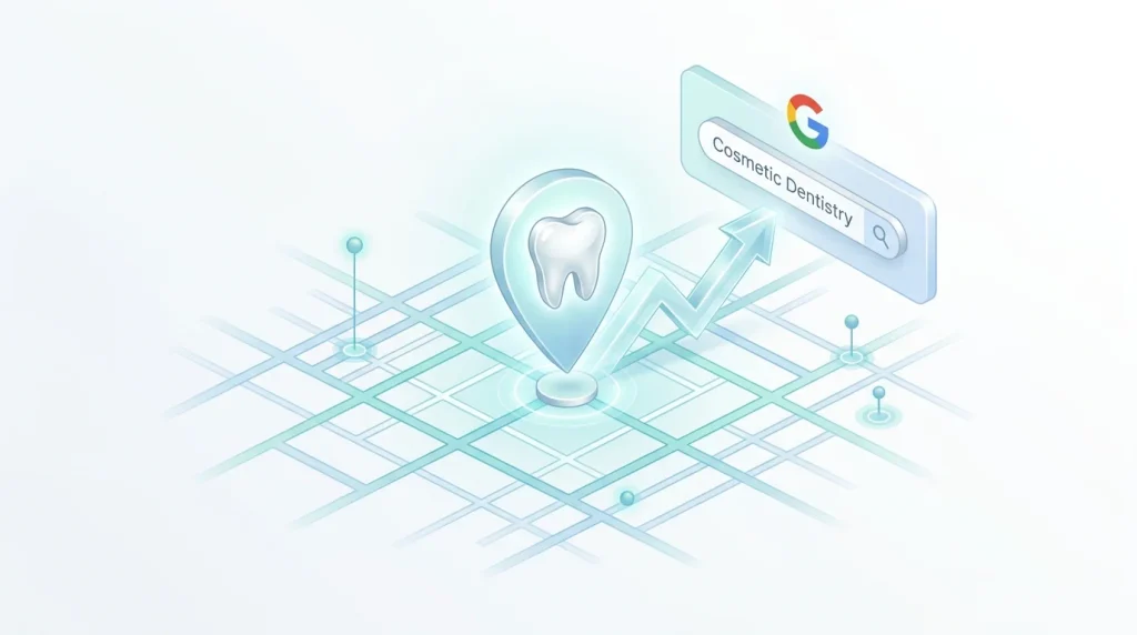 Cosmetic dentistry local SEO framework showing GBP category configuration, individual procedure pages, and before-and-after gallery strategy