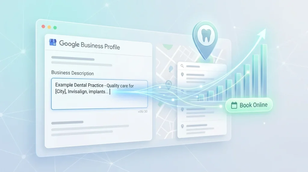 Dental GBP business description framework: four-part structure for ranking and converting new patients on Google Maps