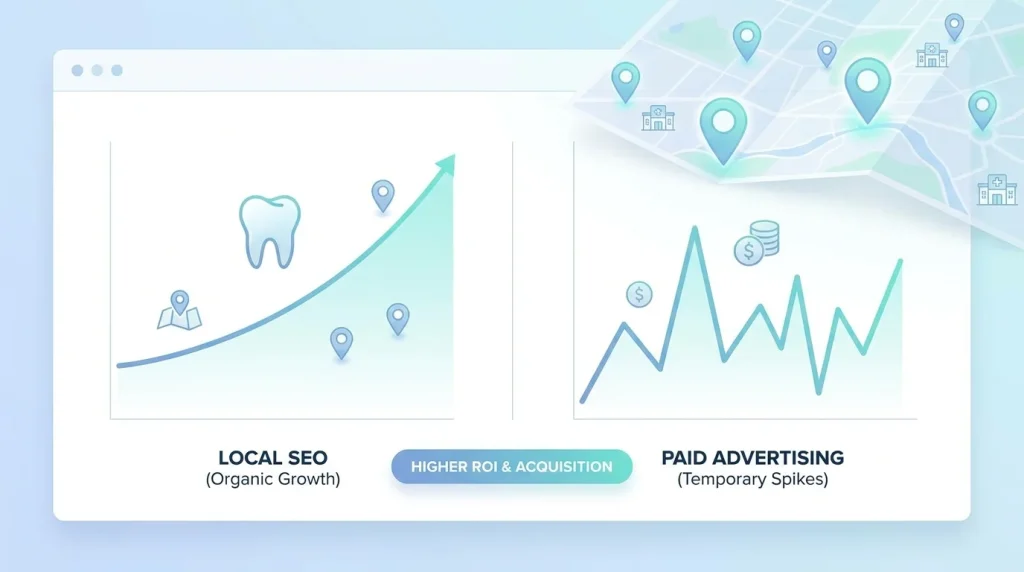 Dental local SEO ROI comparison chart showing cost-per-patient acquisition curves for paid search versus organic local SEO over an 18-month investment timeline with crossover point indicated