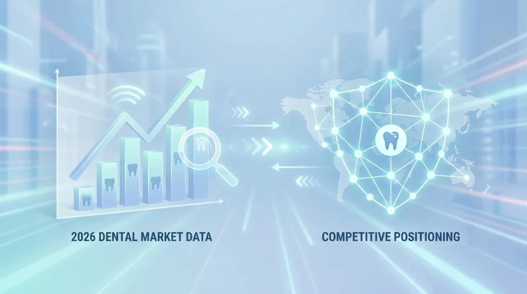 Dental local SEO trends 2026 framework showing six competitive market trends: rising benchmark floor, mobile search, online booking, review velocity, DSO pressure, and GBP feature utilization gap