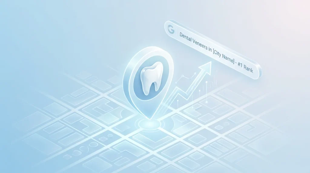 Dental veneers local SEO framework showing standalone page architecture, GBP services list entries, and veneer-adjacent content strategy