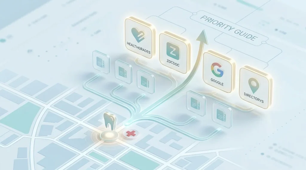Emergency dental local citation priority framework showing 1-800-DENTIST, Zocdoc, and a four-tier emergency-specific citation building sequence