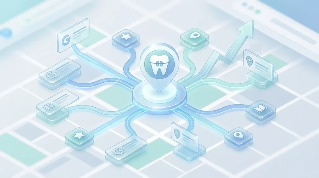 Orthodontic practice local citation priority framework showing AAO directory, Invisalign provider locator, and four citation tiers