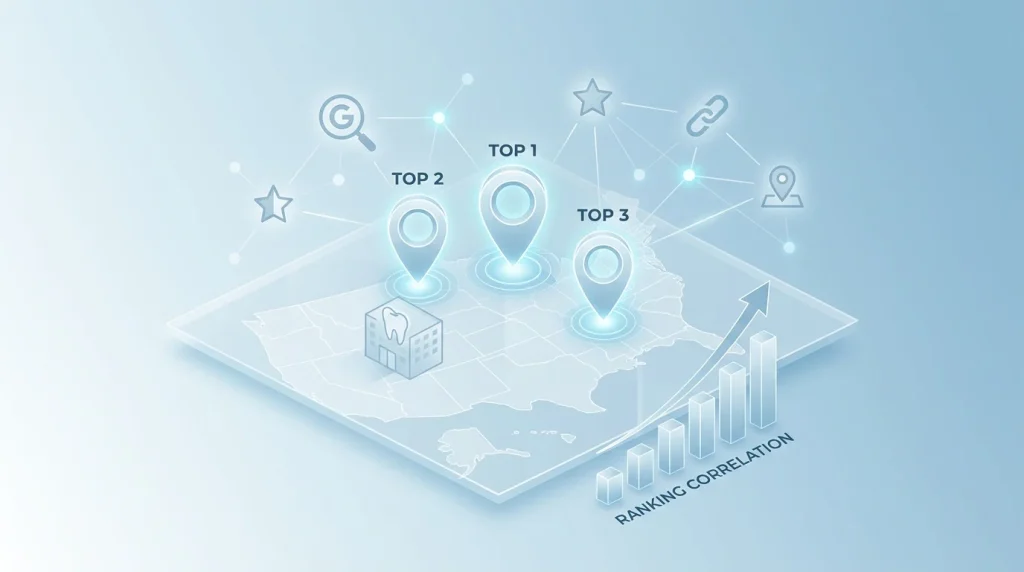 Dental local pack ranking factors benchmark showing six signal categories weighted by influence with GBP signals at 36 percent and optimization priority stack for dental practices at positions 4 to 7