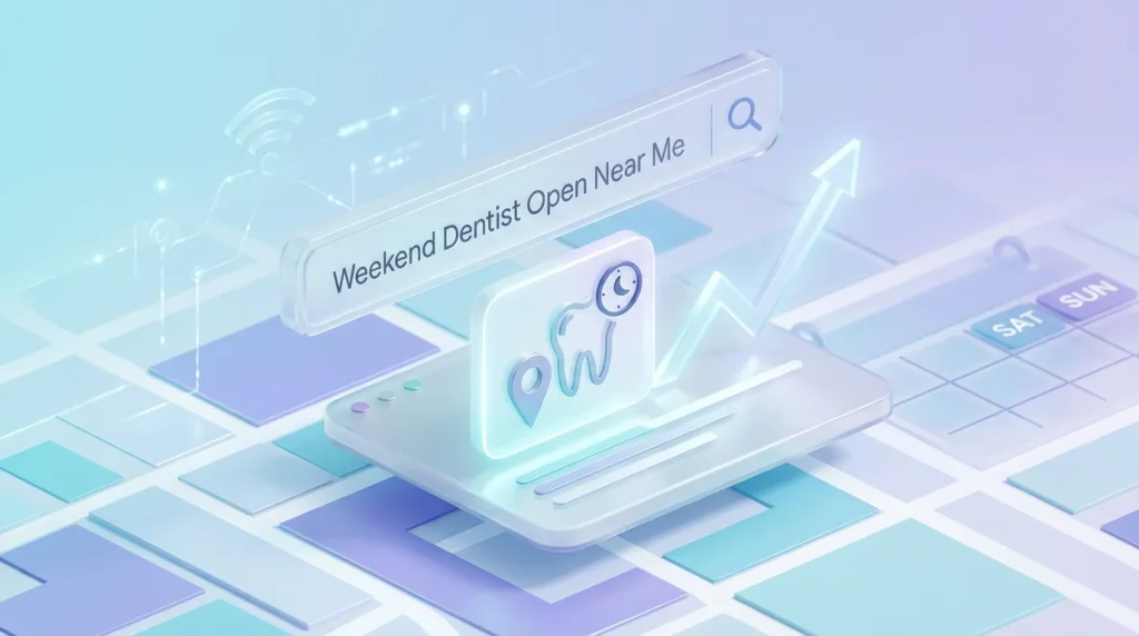Weekend dentist local SEO framework showing GBP Saturday hours configuration, standalone weekend page, and after-hours booking content