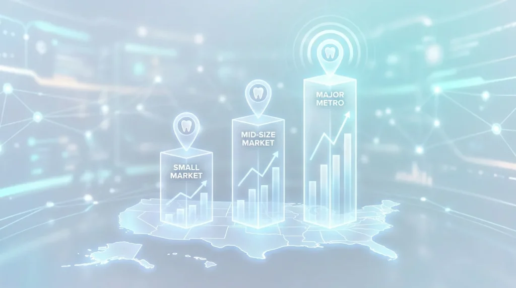 Dental local SEO benchmarks market size comparison showing review counts, GBP completeness metrics, and citation requirements across different market sizes.